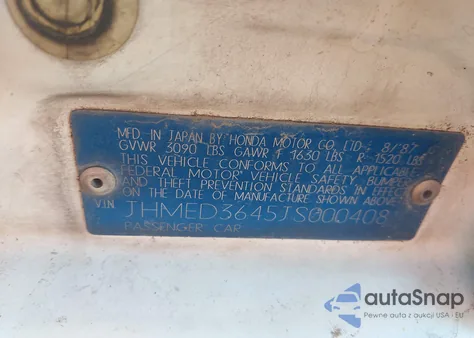 1988 Honda Civic 1.5 Dx from USA, damaged, VIN JHMED3645JS000408